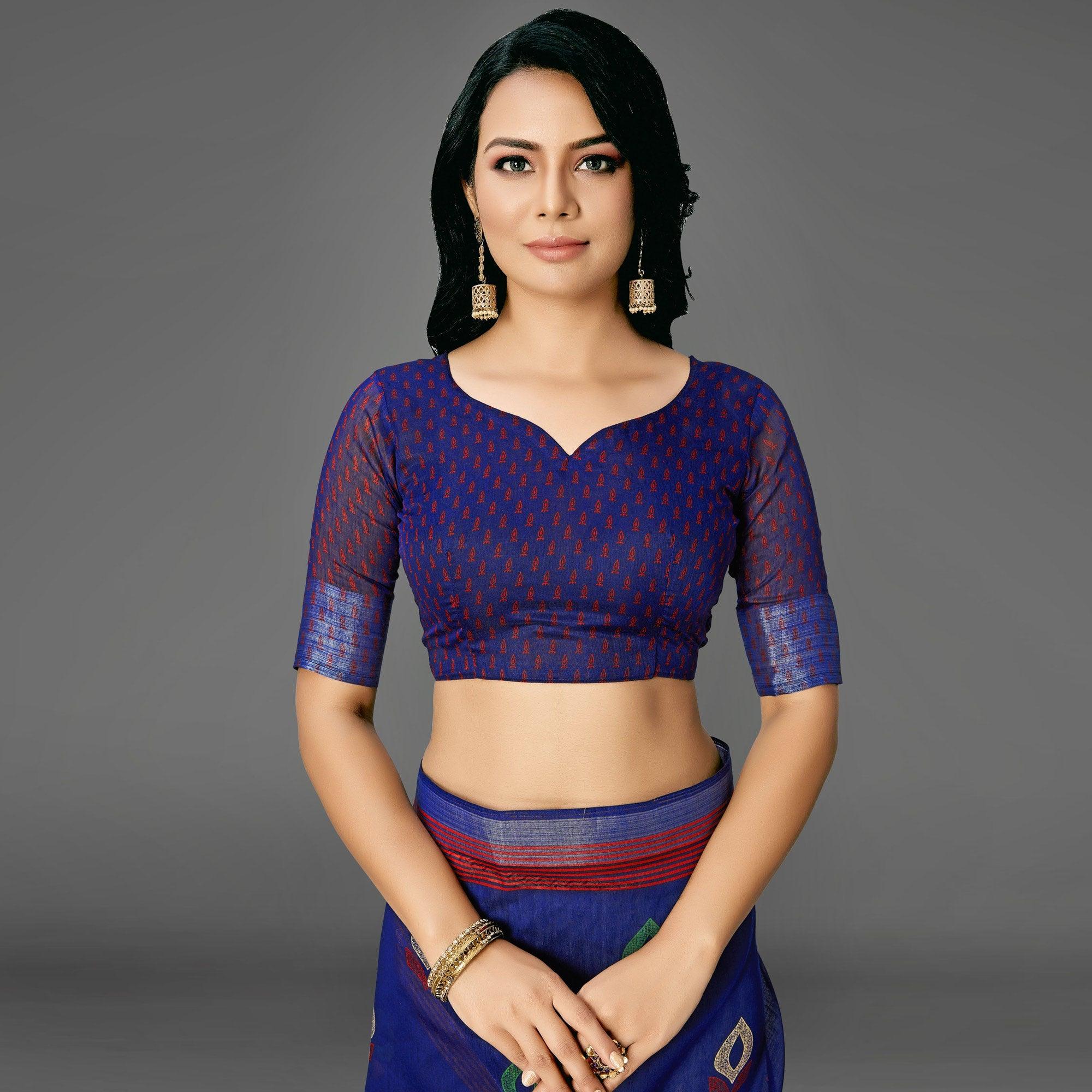 Blue Casual Cotton Printed Saree With Unstitched Blouse - Peachmode