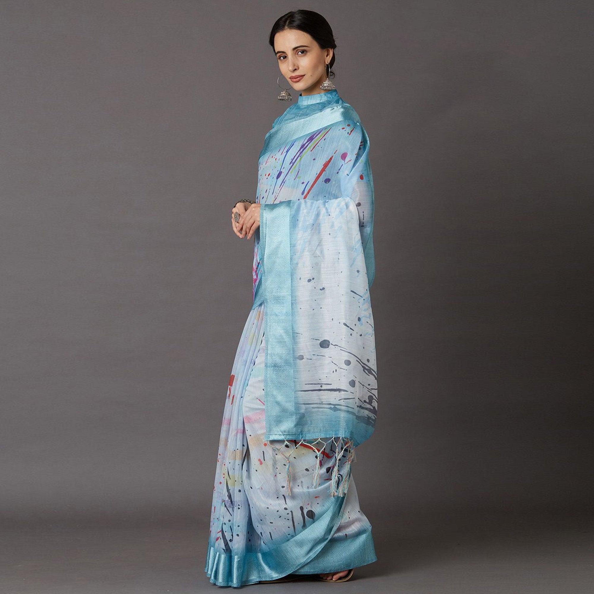 Blue Casual Linen Blend Printed Saree With Unstitched Blouse - Peachmode