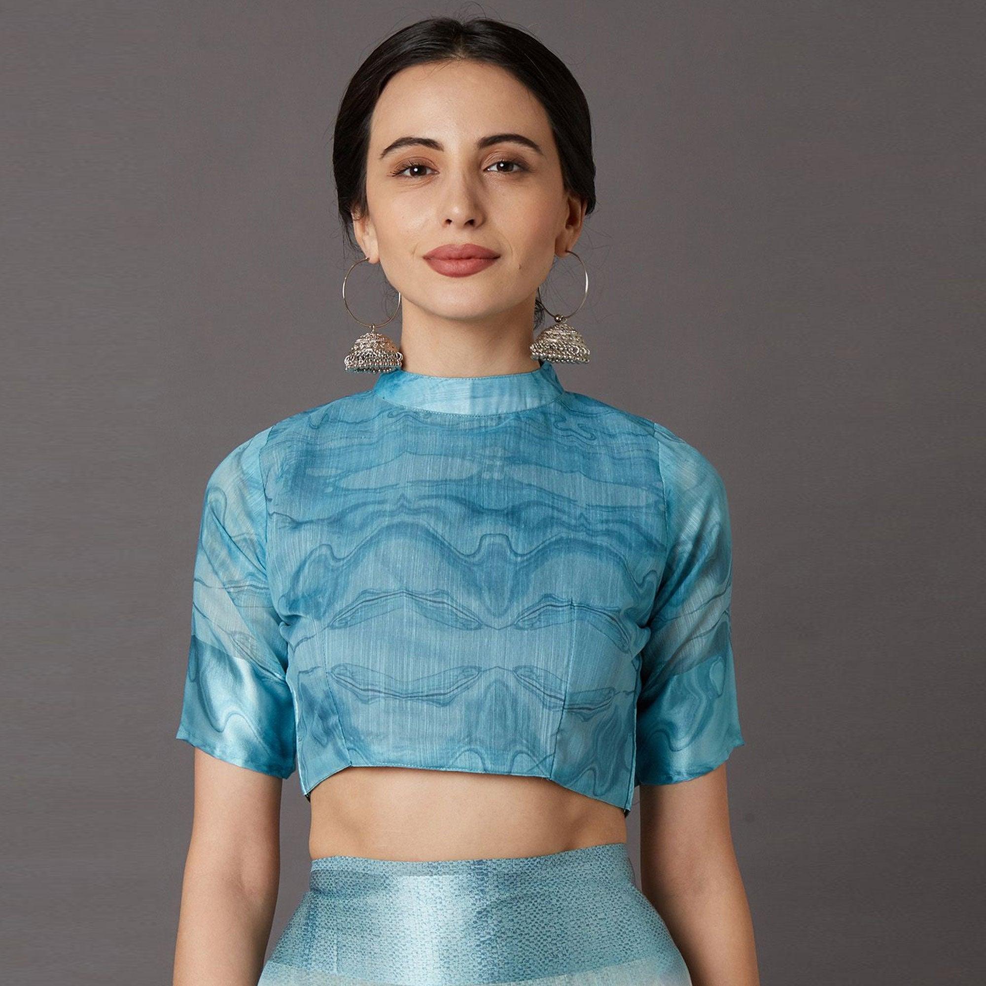 Blue Casual Linen Blend Printed Saree With Unstitched Blouse - Peachmode