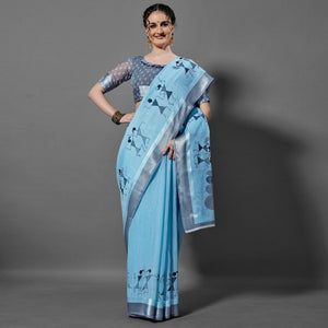 Blue Casual Linen Printed Saree With Unstitched Blouse - Peachmode