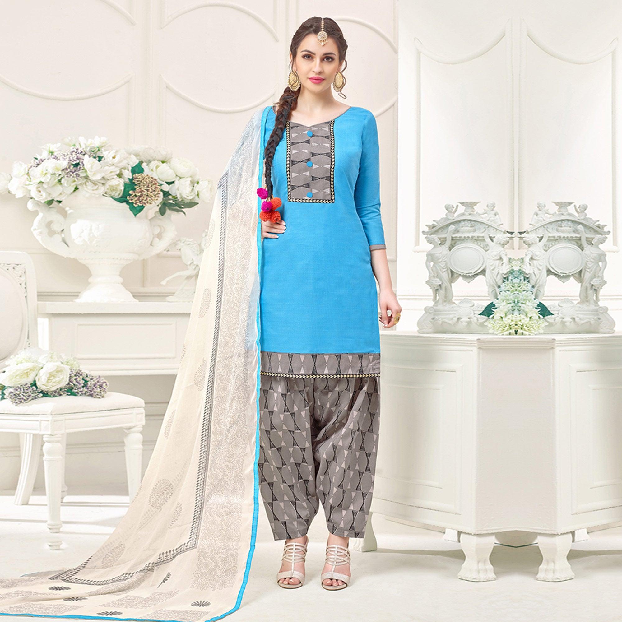 Blue Casual Printed Cotton Salwar Suit - Peachmode
