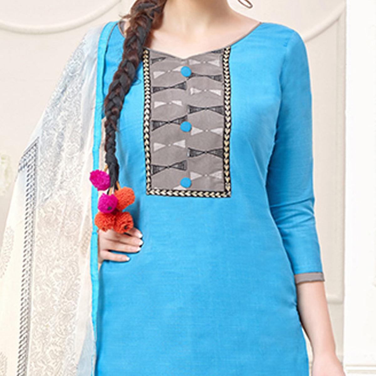 Blue Casual Printed Cotton Salwar Suit - Peachmode