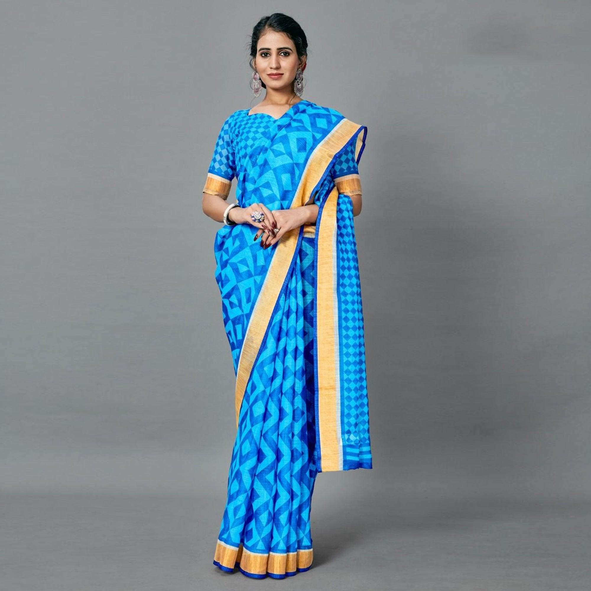 Blue Casual Pure Linen Digital Print Saree With Unstitched Blouse - Peachmode