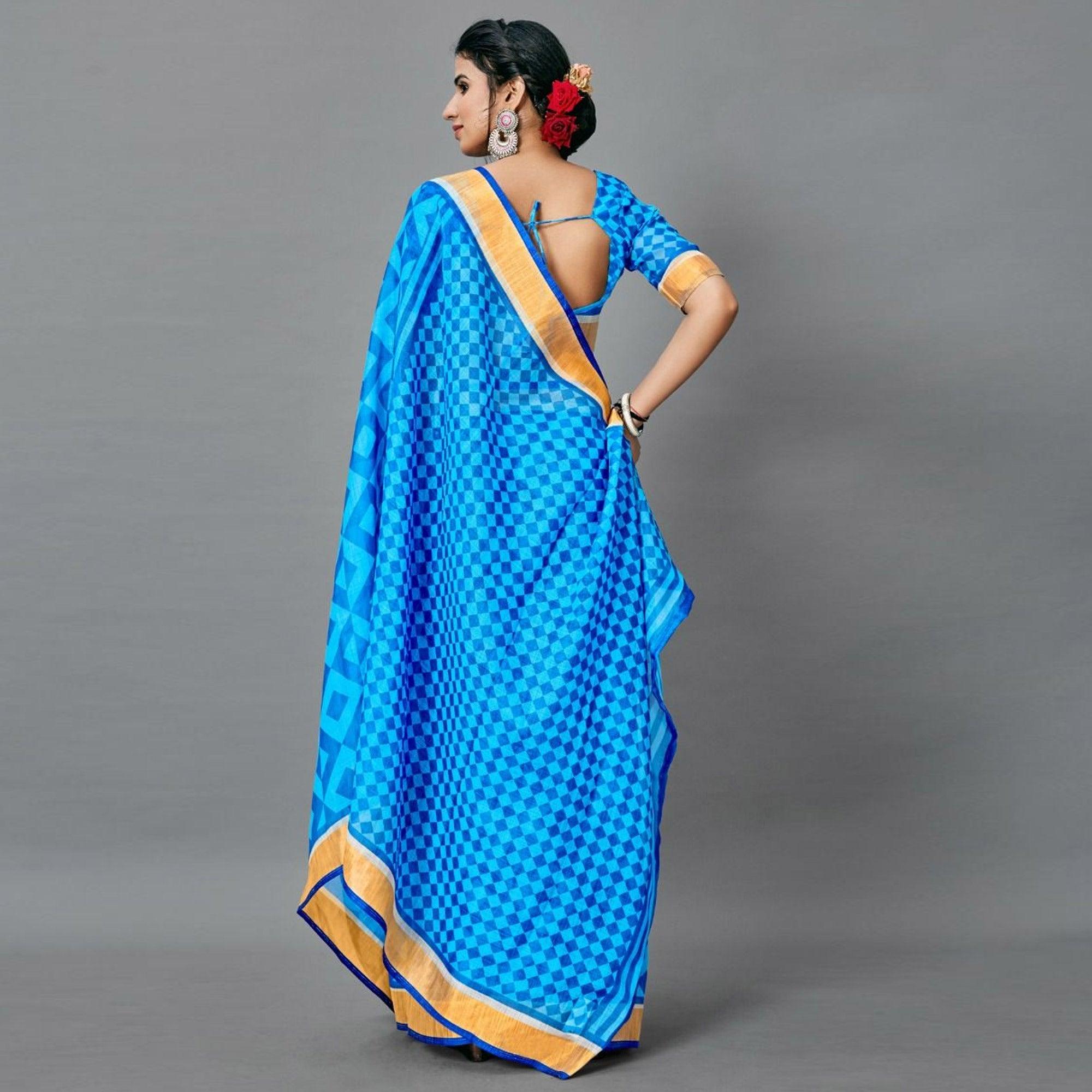 Blue Casual Pure Linen Digital Print Saree With Unstitched Blouse - Peachmode