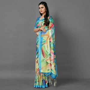 Blue Casual Pure Linen Digital Print Saree With Unstitched Blouse - Peachmode