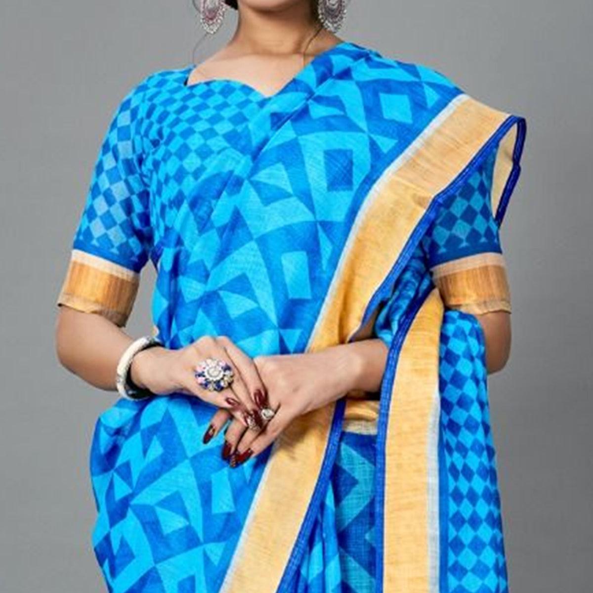 Blue Casual Pure Linen Digital Print Saree With Unstitched Blouse - Peachmode