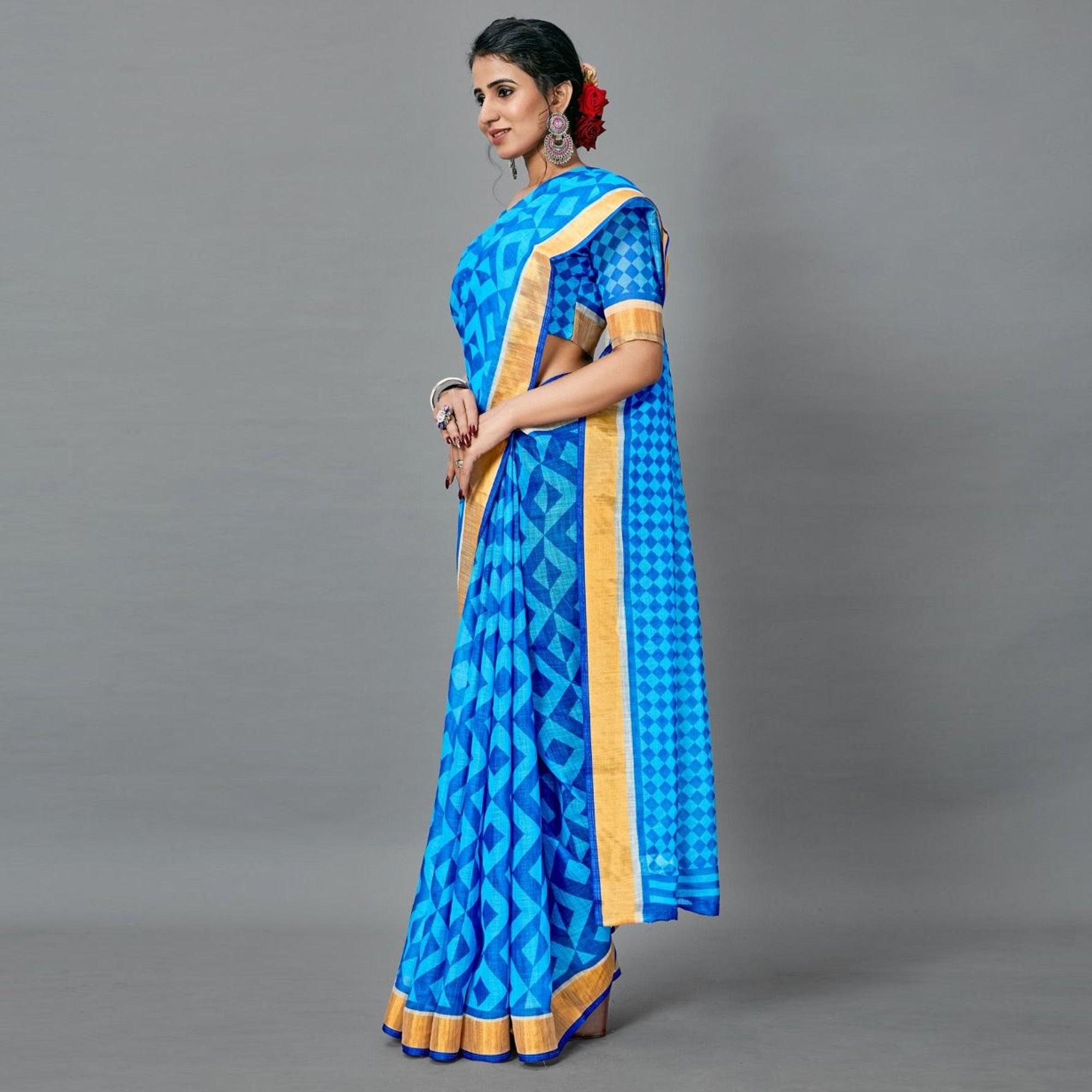 Blue Casual Pure Linen Digital Print Saree With Unstitched Blouse - Peachmode