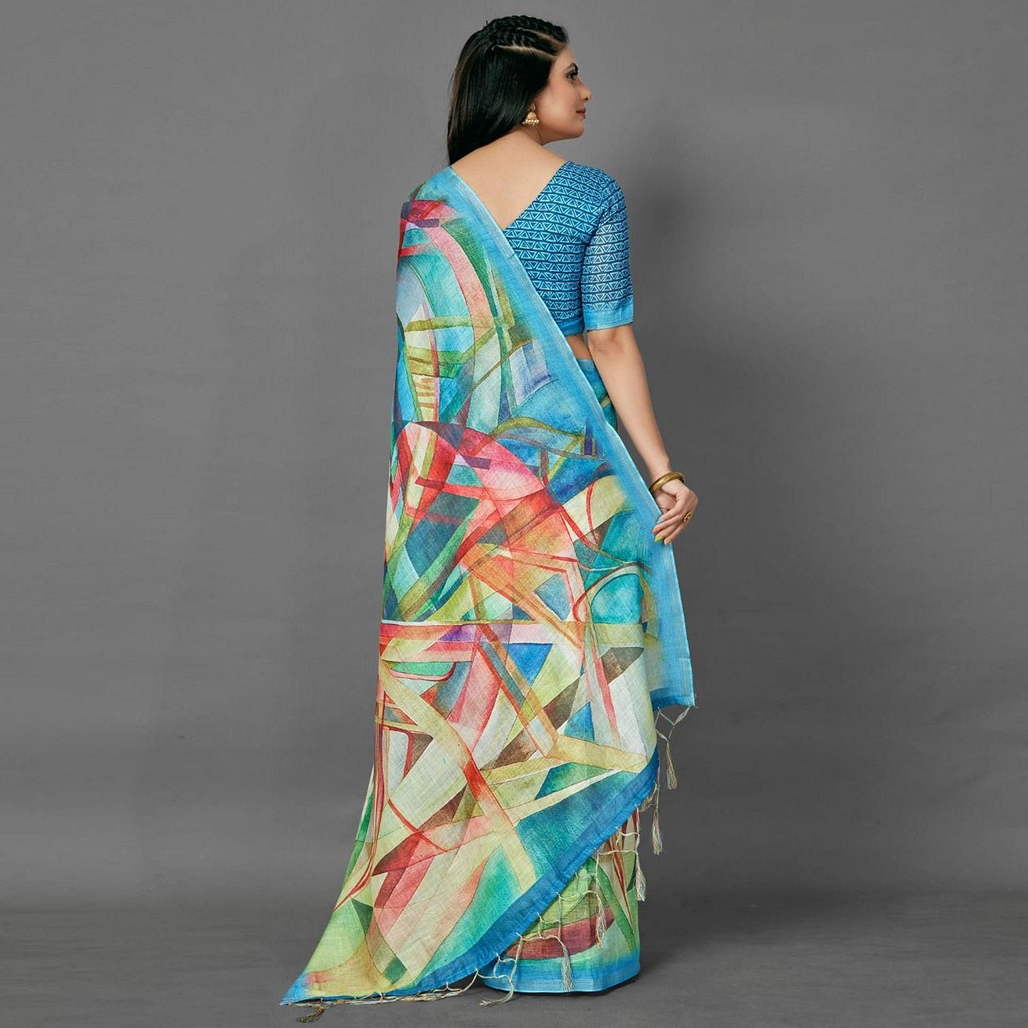 Blue Casual Pure Linen Digital Print Saree With Unstitched Blouse - Peachmode