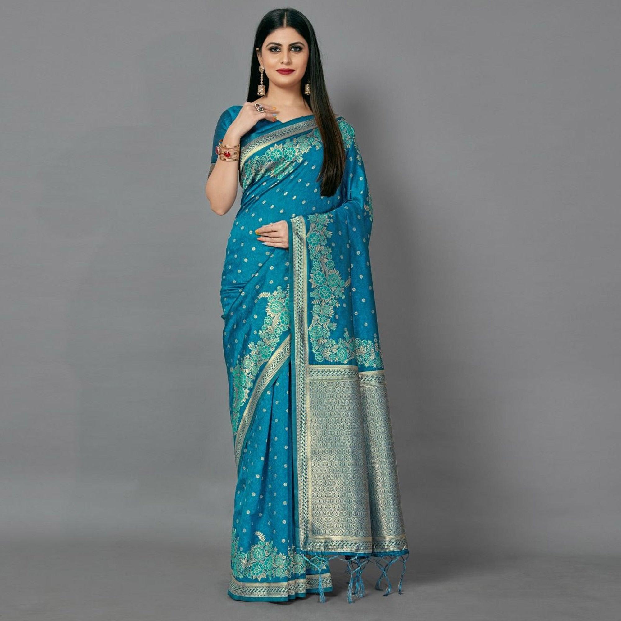 Blue Casual Silk Blend Printed Saree With Unstitched Blouse - Peachmode
