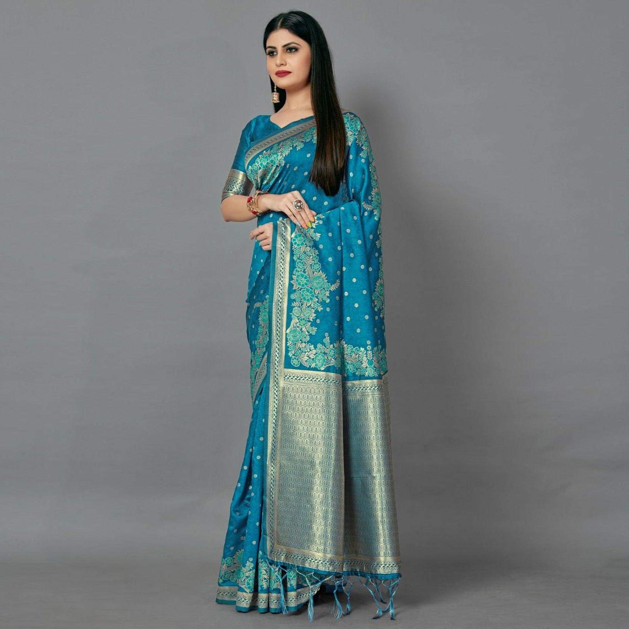 Blue Casual Silk Blend Printed Saree With Unstitched Blouse - Peachmode
