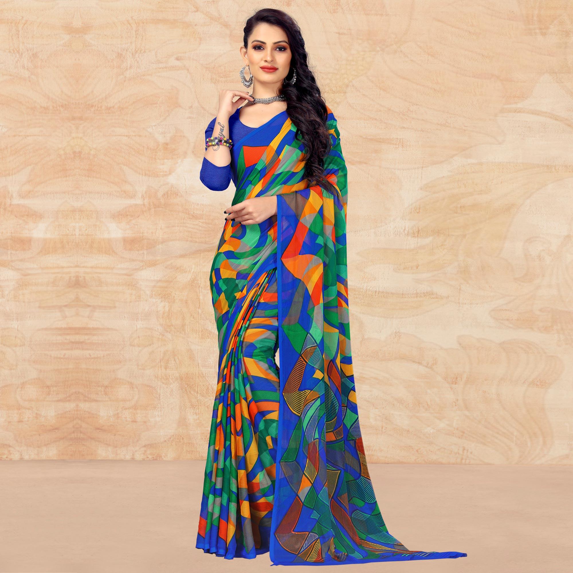 Blue Casual Wear Abstract Printed Chiffon Saree - Peachmode