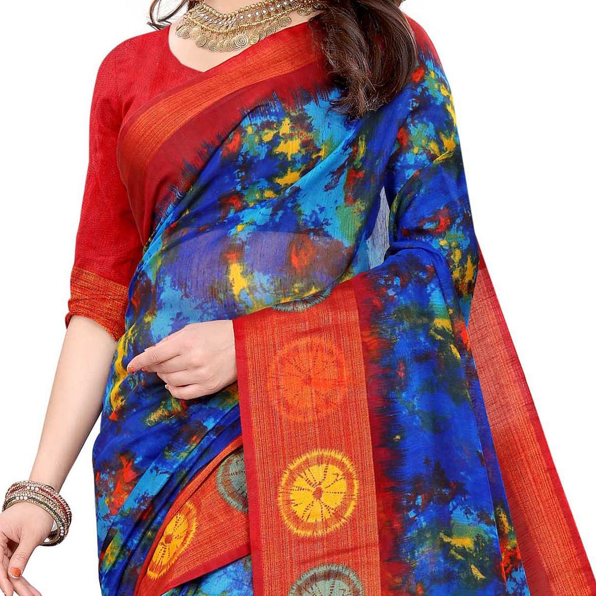 Blue Casual Wear Abstract Printed Cotton Linen Saree - Peachmode