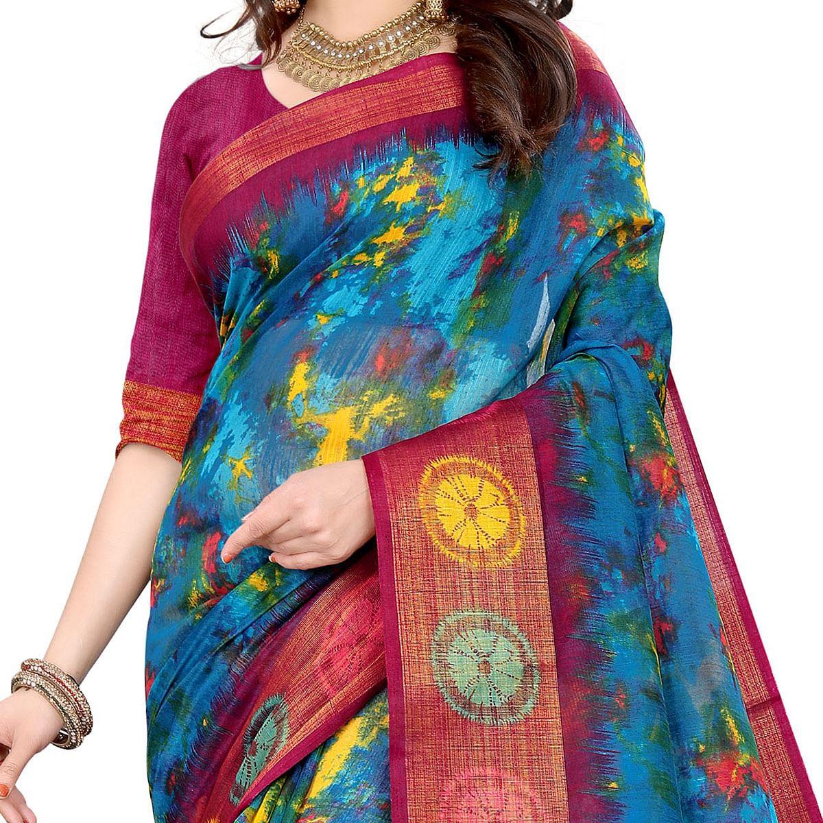 Blue Casual Wear Abstract Printed Cotton Linen Saree - Peachmode