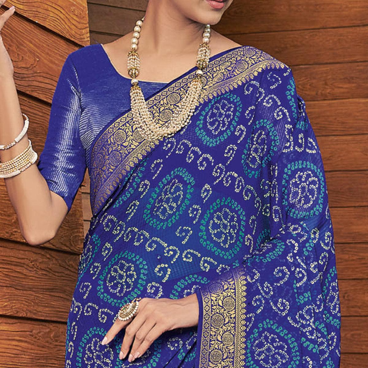 Blue Casual Wear Bandhani Printed Chiffon Saree - Peachmode