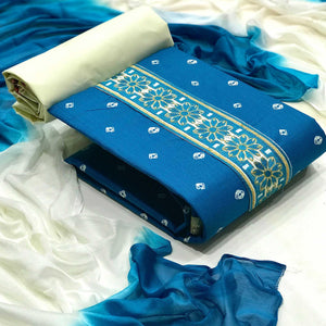 Blue Casual Wear Bandhani Printed Cotton Dress Material - Peachmode