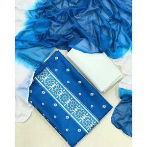 Blue Casual Wear Bandhani Printed Cotton Dress Material - Peachmode