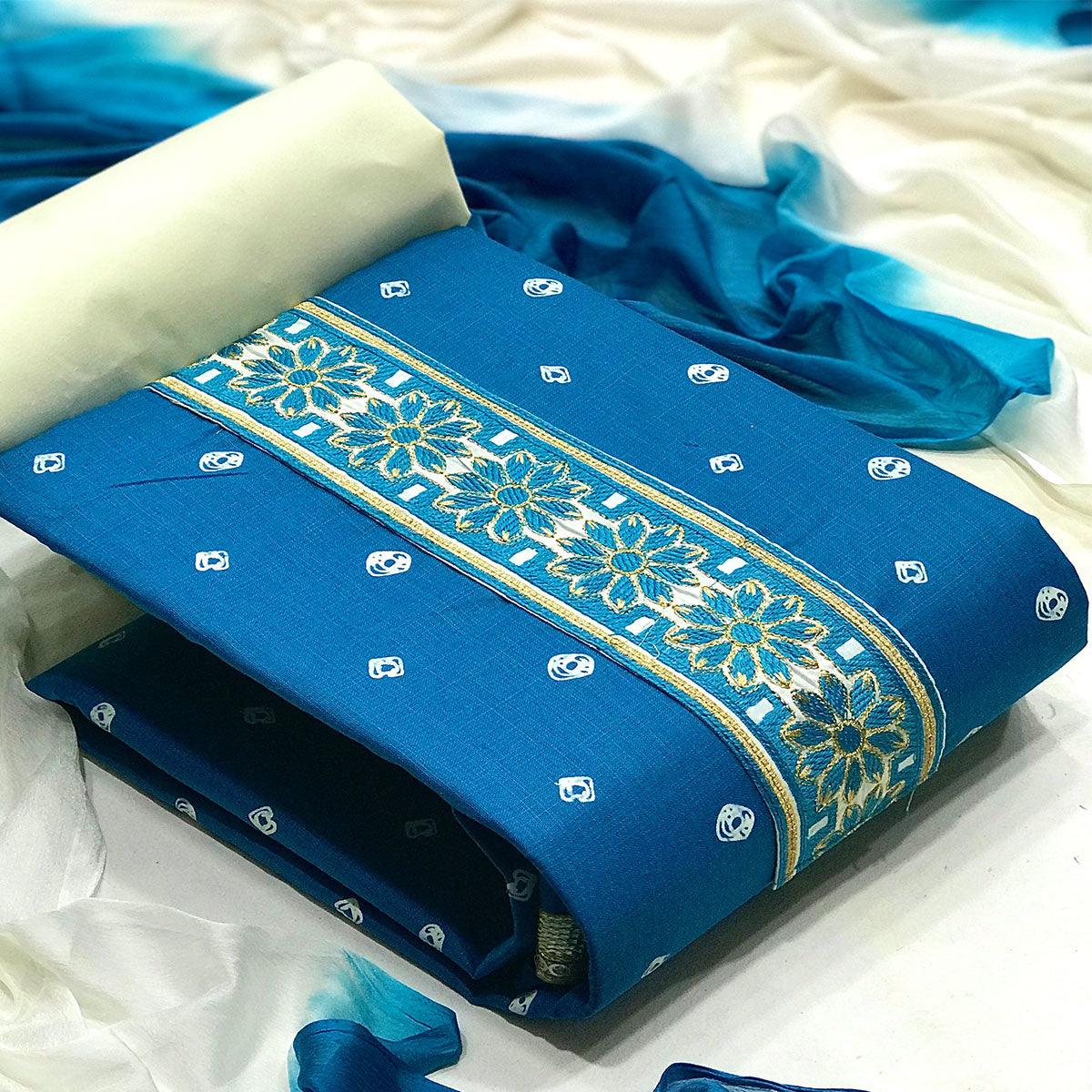 Blue Casual Wear Bandhani Printed Cotton Dress Material - Peachmode