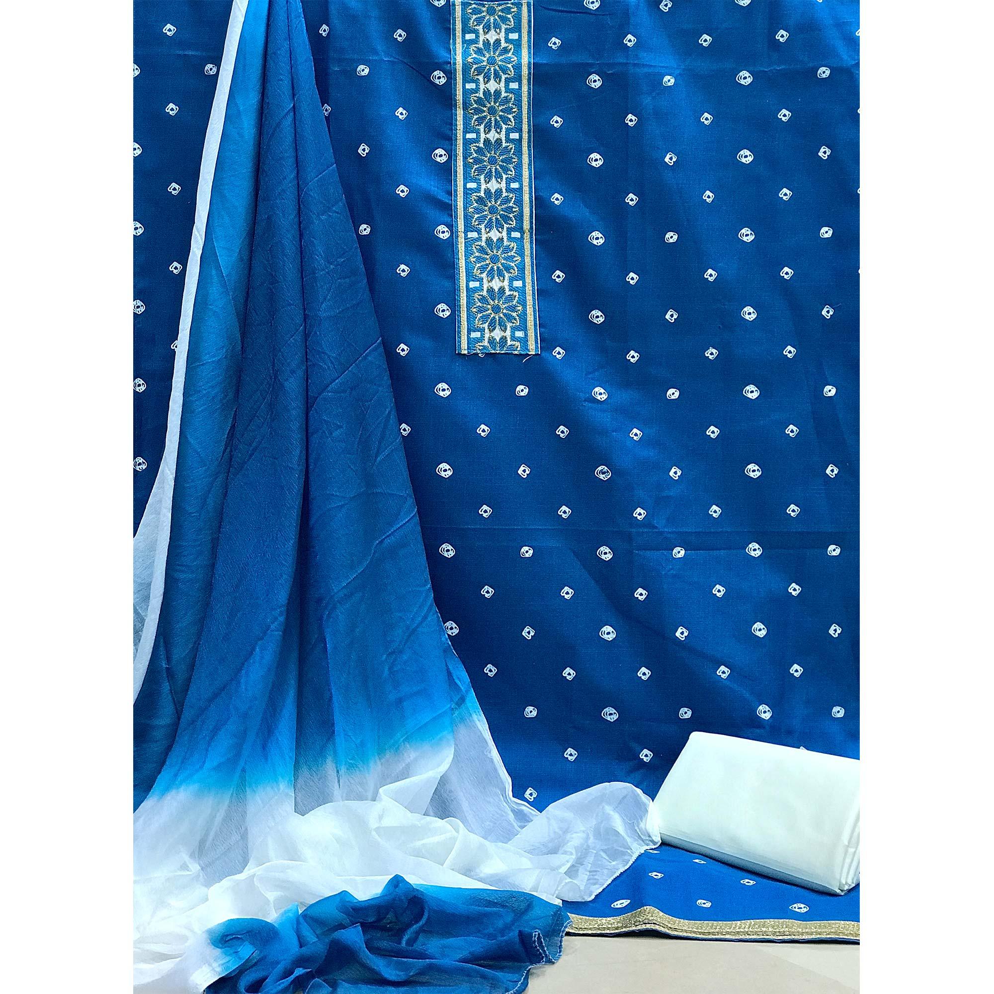 Blue Casual Wear Bandhani Printed Cotton Dress Material - Peachmode