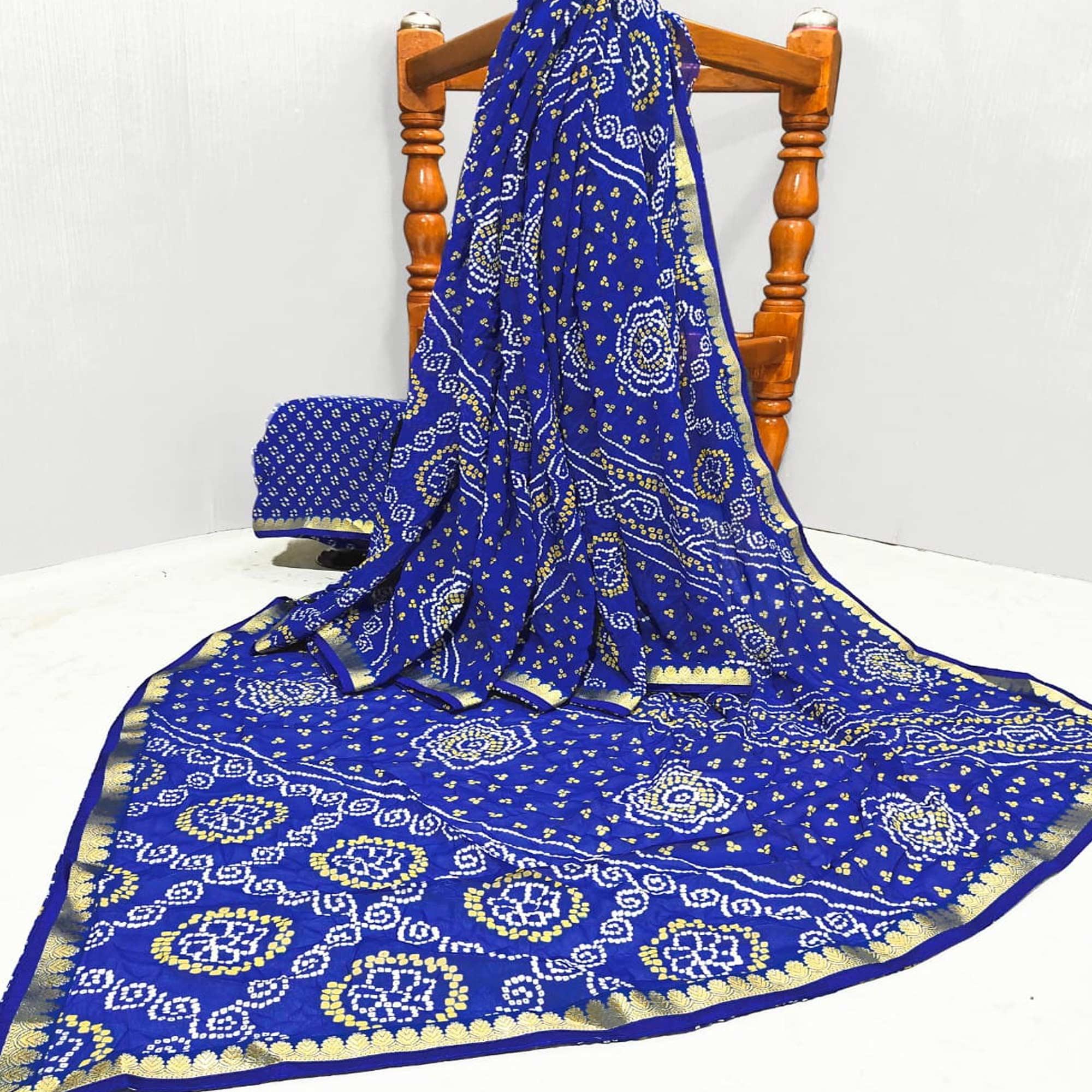 Blue Casual Wear Bandhani Printed Georgette Saree With Designer Border - Peachmode