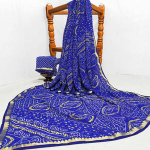 Blue Casual Wear Bandhani Printed Georgette Saree With Designer Border - Peachmode