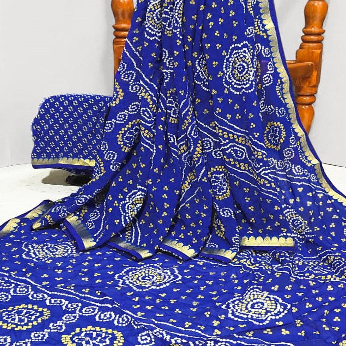 Blue Casual Wear Bandhani Printed Georgette Saree With Designer Border - Peachmode