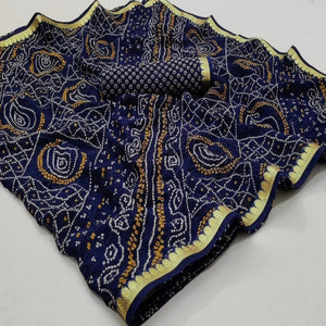 Blue Casual Wear Bandhani Printed Georgette Saree With Fancy Lace - Peachmode