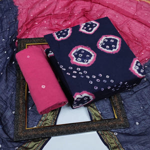 Blue Casual Wear Bandhani Printed Pure Cotton Dress Material - Peachmode