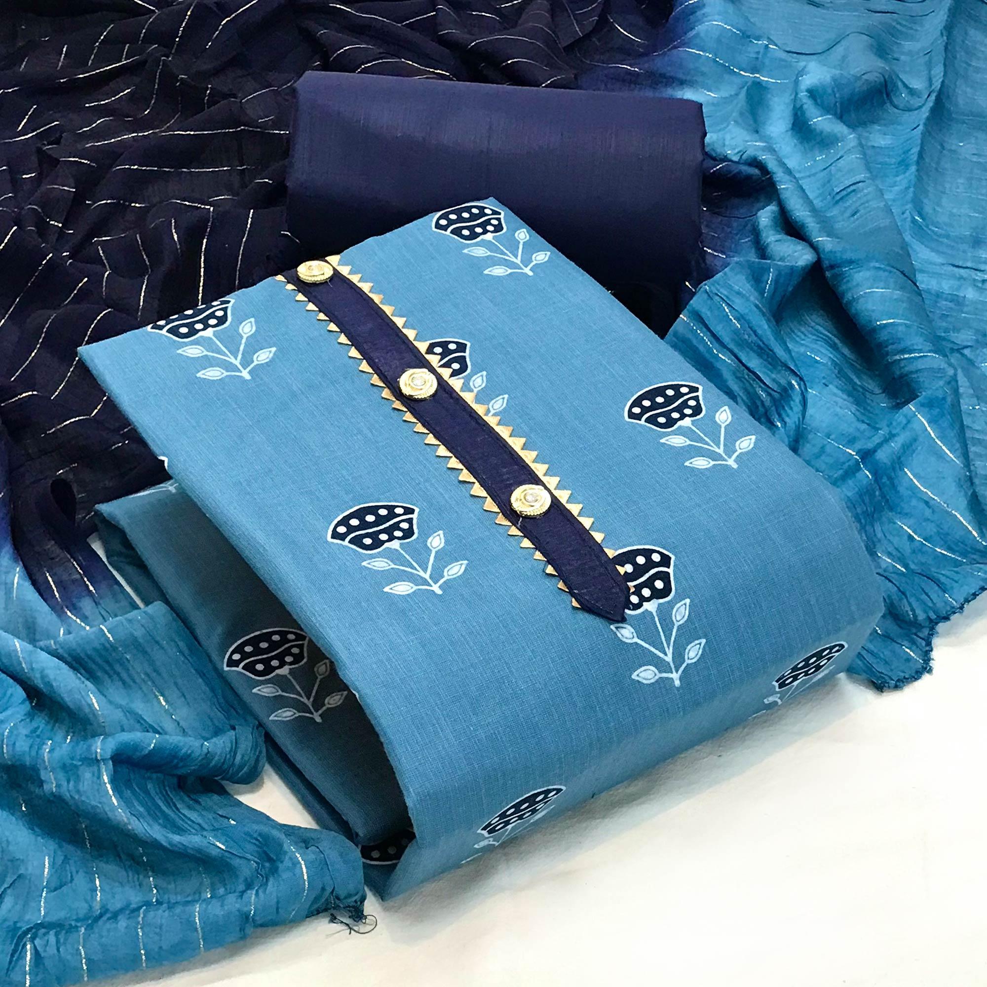 Blue Casual Wear Block Printed Cotton Dress Material - Peachmode