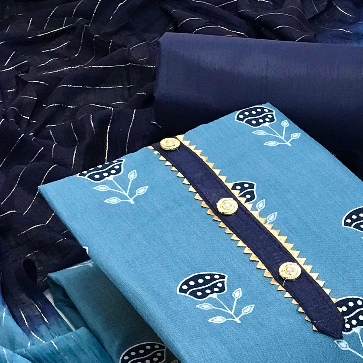 Blue Casual Wear Block Printed Cotton Dress Material - Peachmode