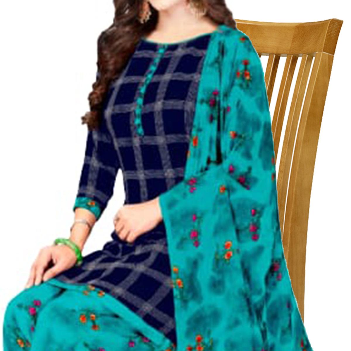 Blue Casual Wear Checks Printed Leon Patiala Dress Material - Peachmode