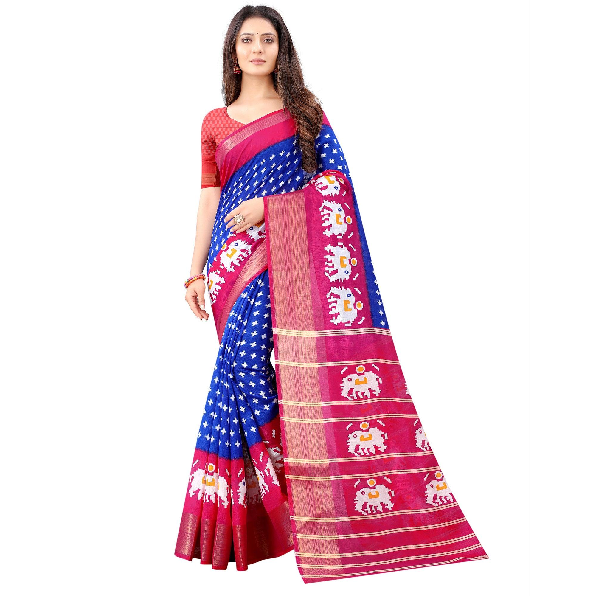 Blue Casual Wear Designer Hand Block Printed Cotton Linen Saree - Peachmode