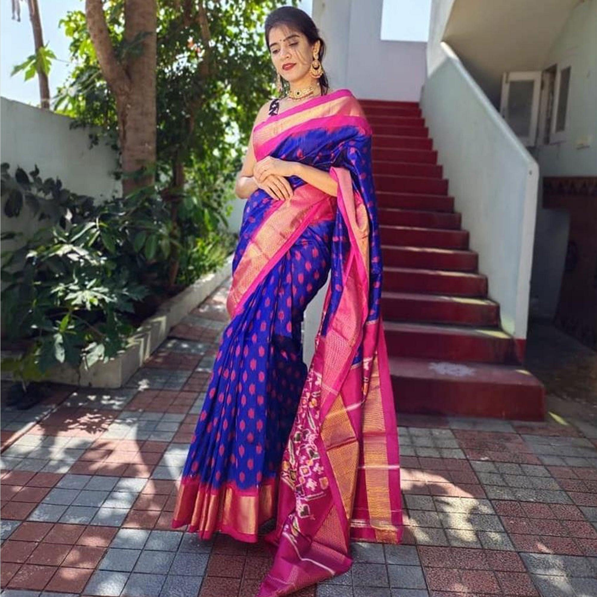 Blue Casual Wear Designer Hand Block Printed Cotton Linen Saree - Peachmode