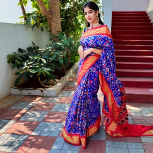 Blue Casual Wear Designer Hand Block Printed Cotton Linen Saree - Peachmode