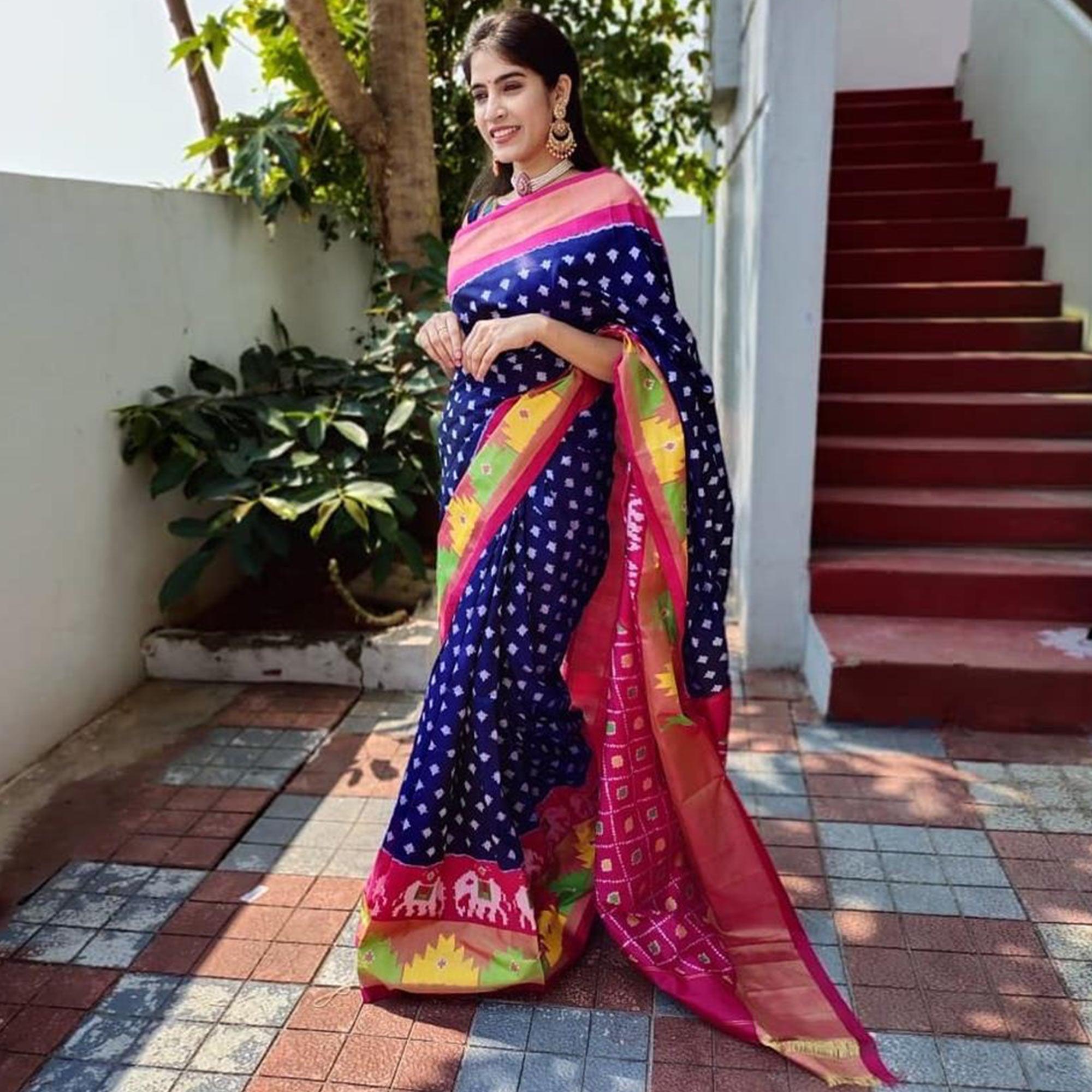 Blue Casual Wear Designer Hand Block Printed Cotton Linen Saree - Peachmode