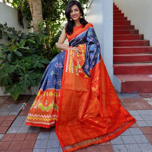 Blue Casual Wear Designer Hand Block Printed Cotton Linen Saree - Peachmode
