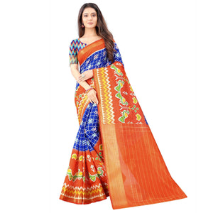 Blue Casual Wear Designer Hand Block Printed Cotton Linen Saree - Peachmode