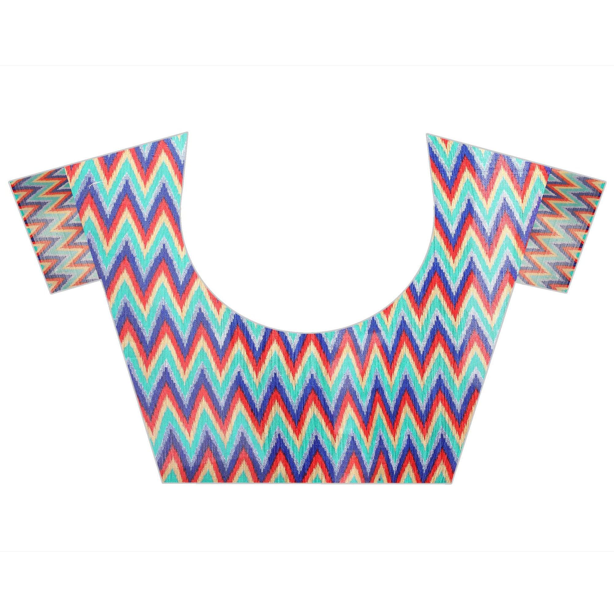 Blue Casual Wear Designer Hand Block Printed Cotton Linen Saree - Peachmode