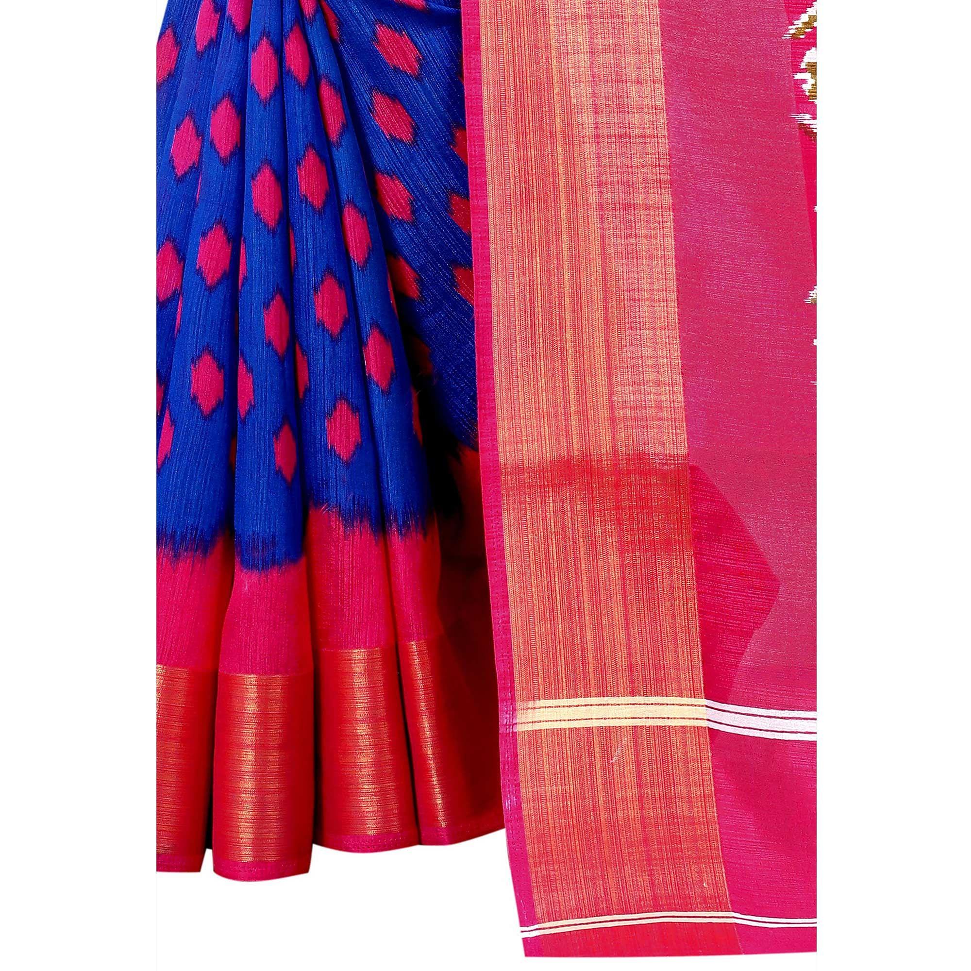 Blue Casual Wear Designer Hand Block Printed Cotton Linen Saree - Peachmode