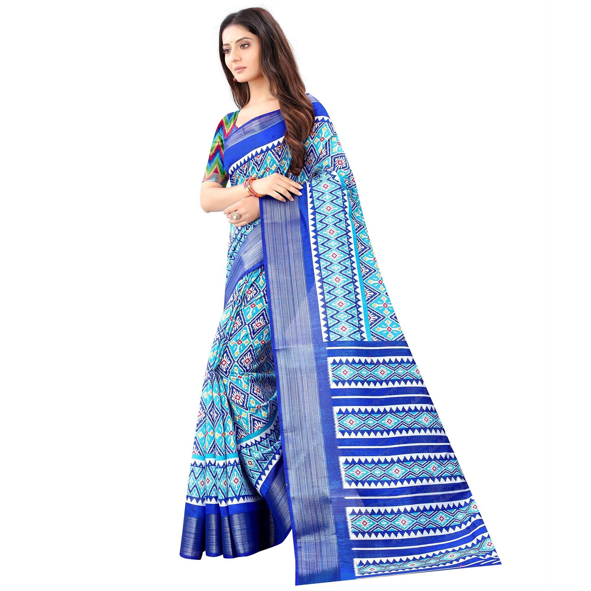 Blue Casual Wear Designer Hand Block Printed Cotton Linen Saree - Peachmode