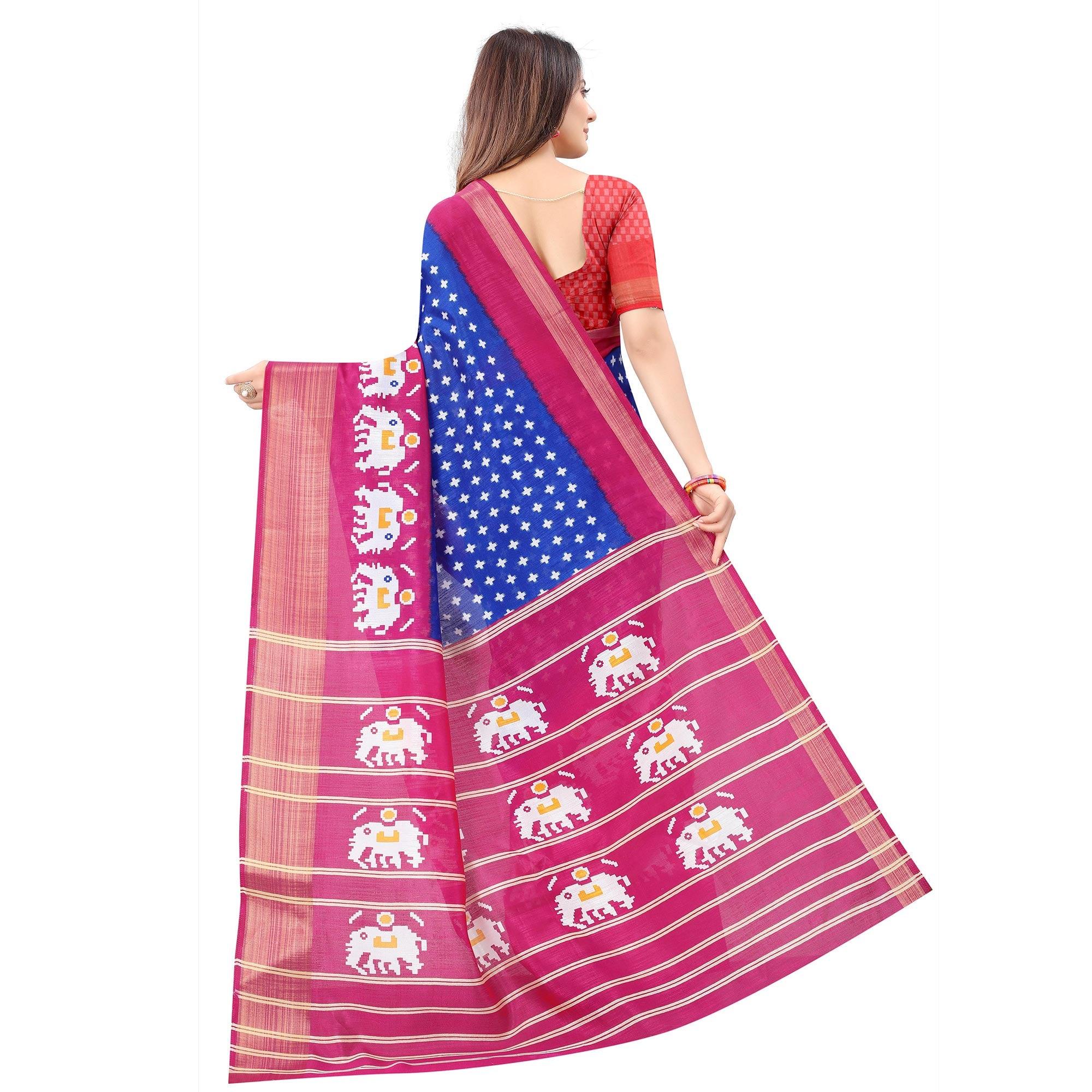 Blue Casual Wear Designer Hand Block Printed Cotton Linen Saree - Peachmode