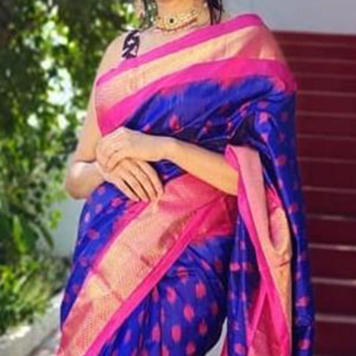 Blue Casual Wear Designer Hand Block Printed Cotton Linen Saree - Peachmode