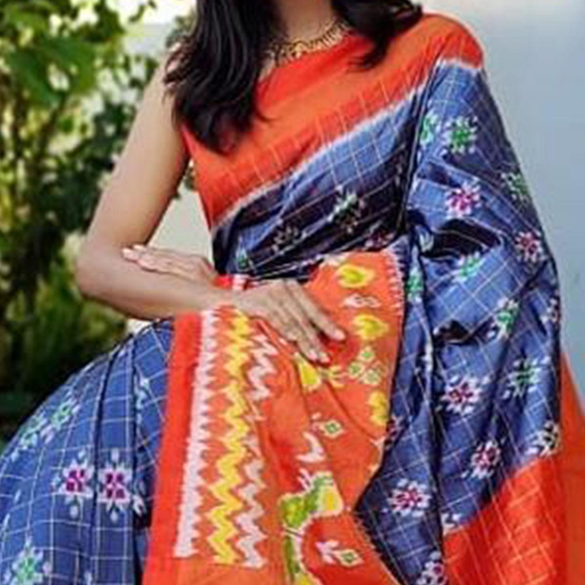 Blue Casual Wear Designer Hand Block Printed Cotton Linen Saree - Peachmode