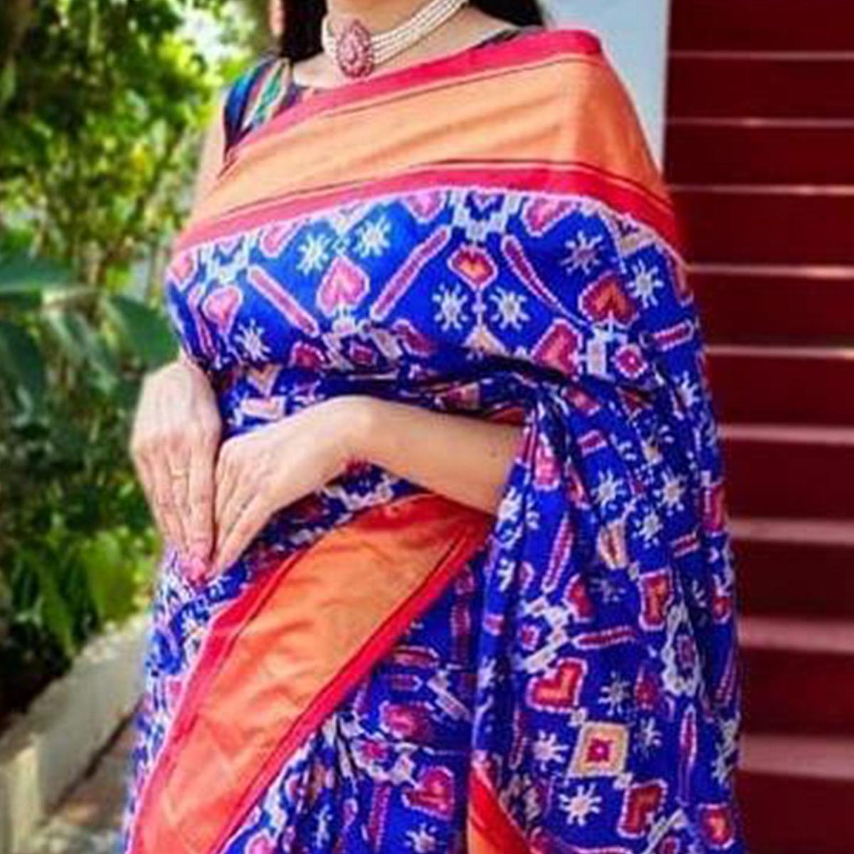 Blue Casual Wear Designer Hand Block Printed Cotton Linen Saree - Peachmode