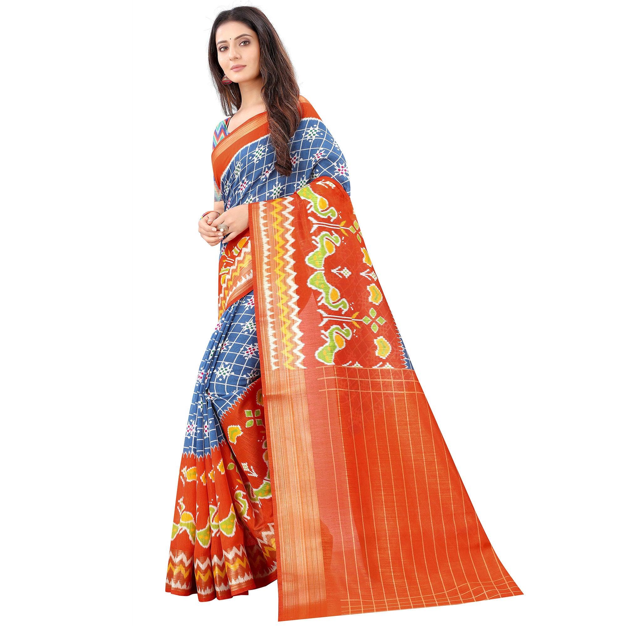 Blue Casual Wear Designer Hand Block Printed Cotton Linen Saree - Peachmode