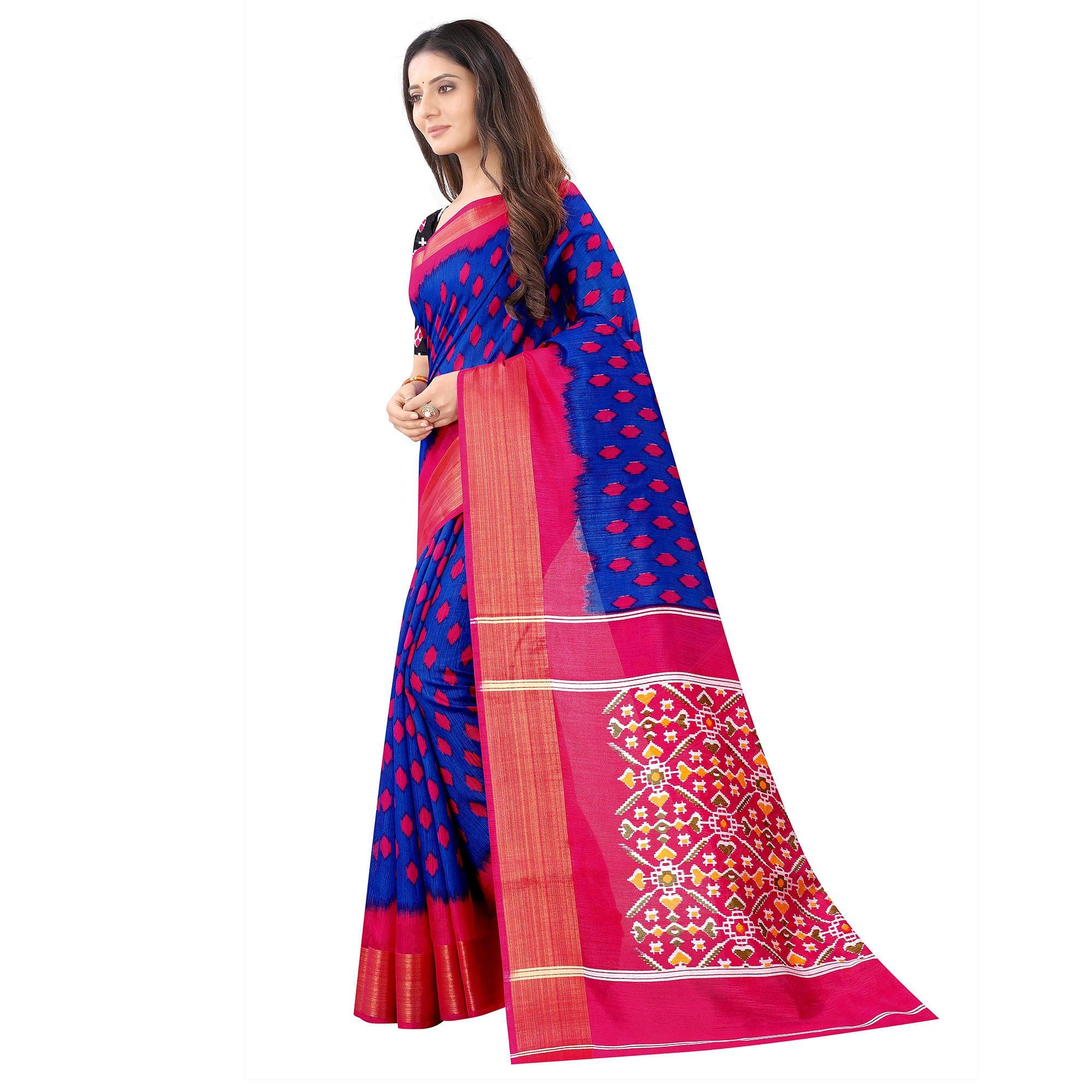 Blue Casual Wear Designer Hand Block Printed Cotton Linen Saree - Peachmode