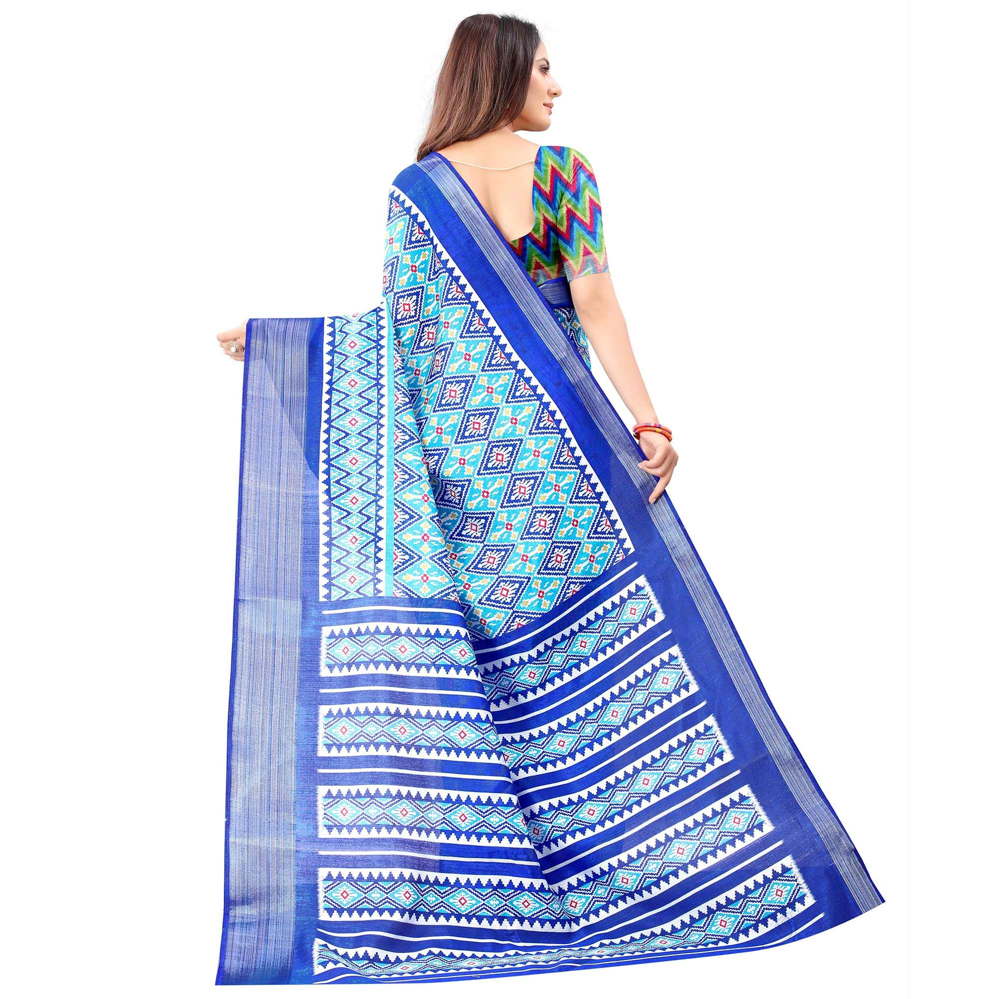 Blue Casual Wear Designer Hand Block Printed Cotton Linen Saree - Peachmode