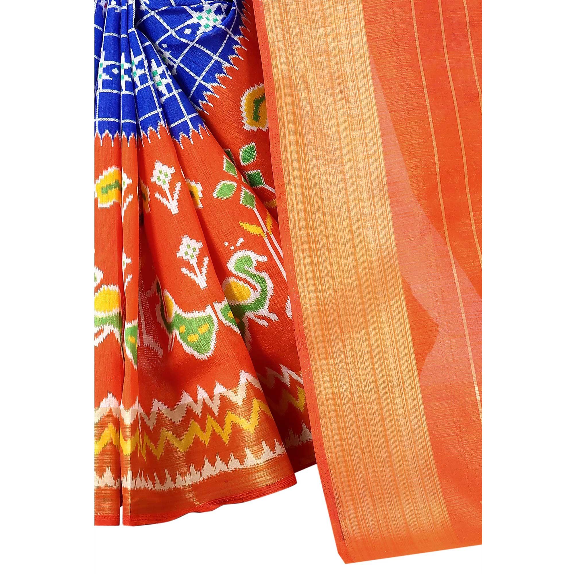 Blue Casual Wear Designer Hand Block Printed Cotton Linen Saree - Peachmode