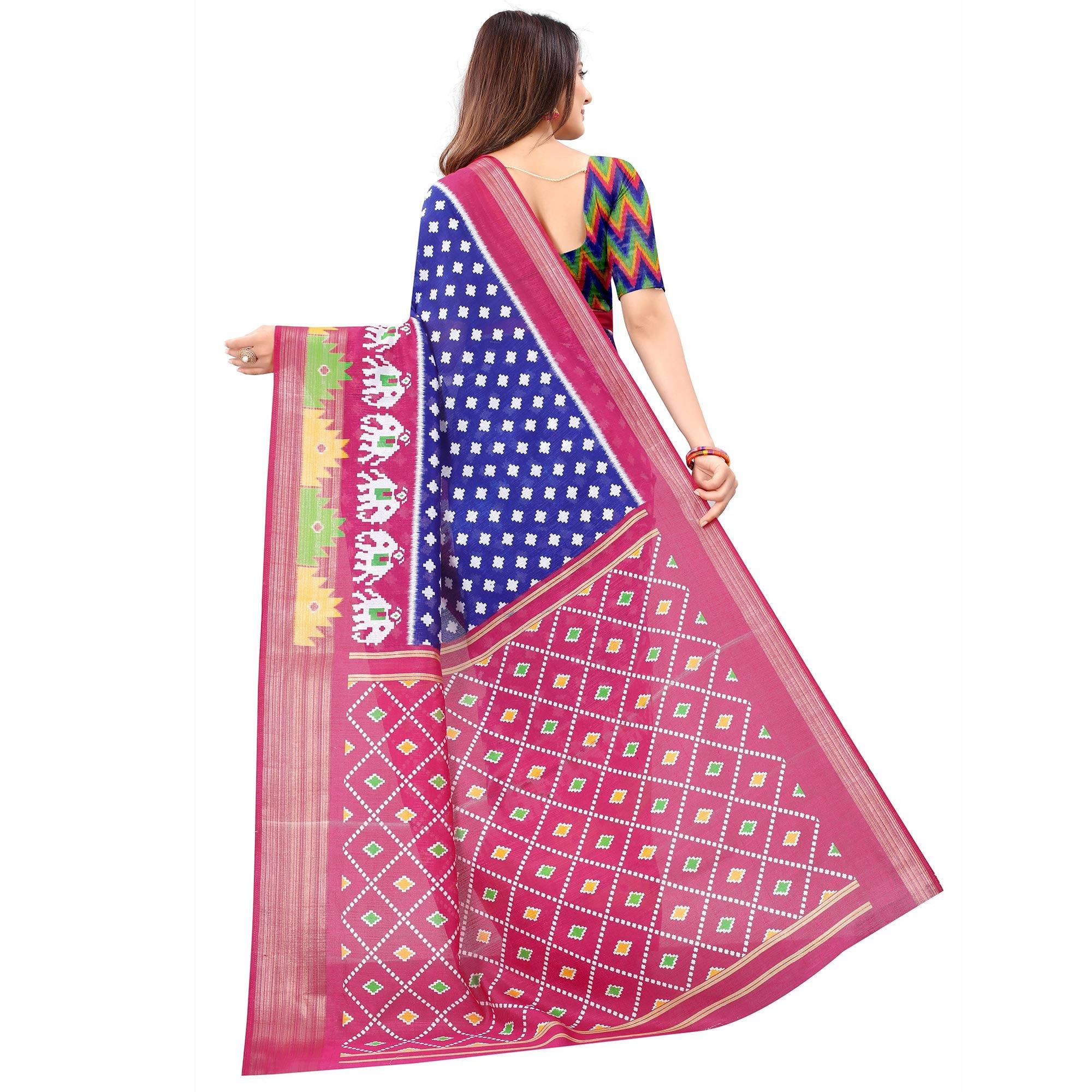 Blue Casual Wear Designer Hand Block Printed Cotton Linen Saree - Peachmode