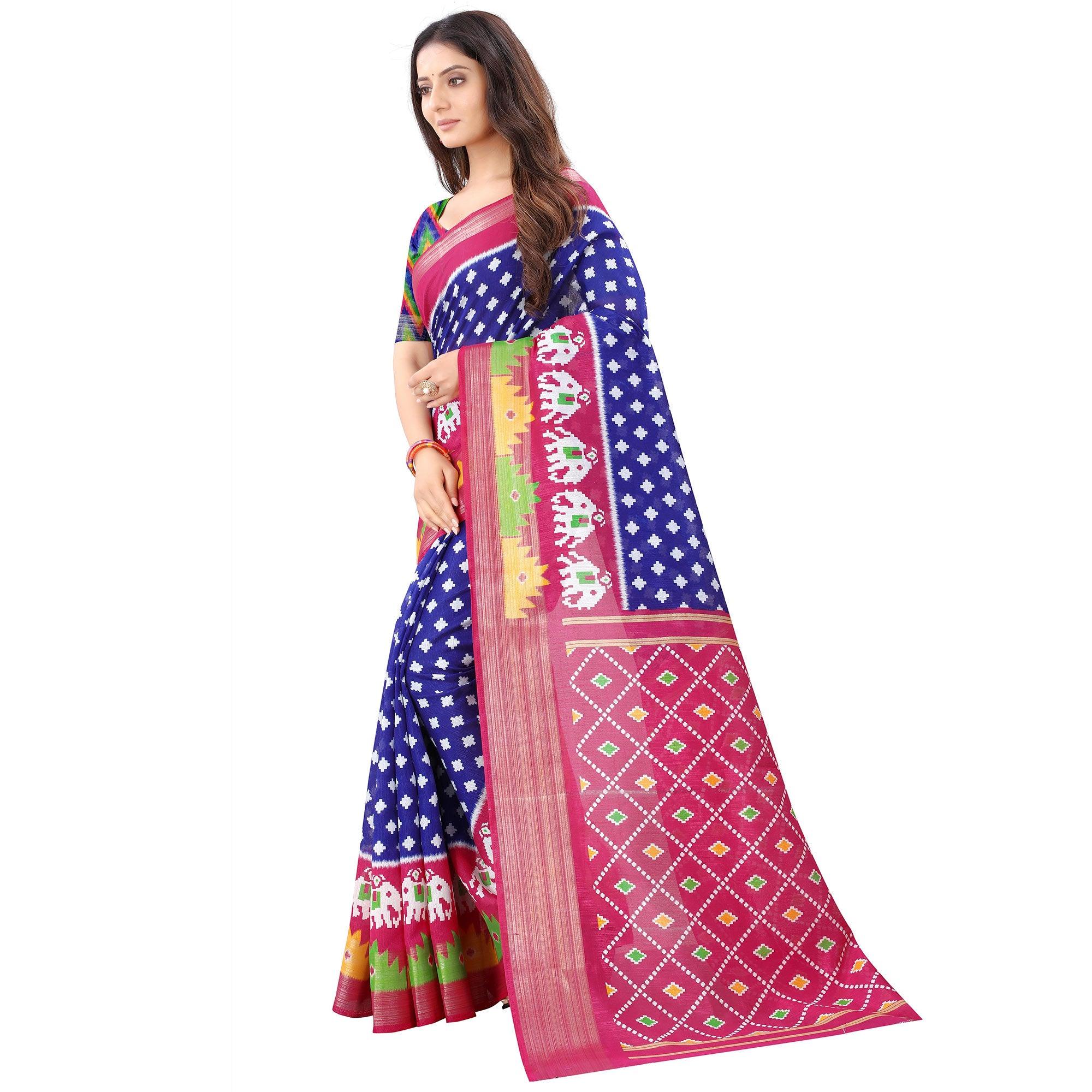 Blue Casual Wear Designer Hand Block Printed Cotton Linen Saree - Peachmode