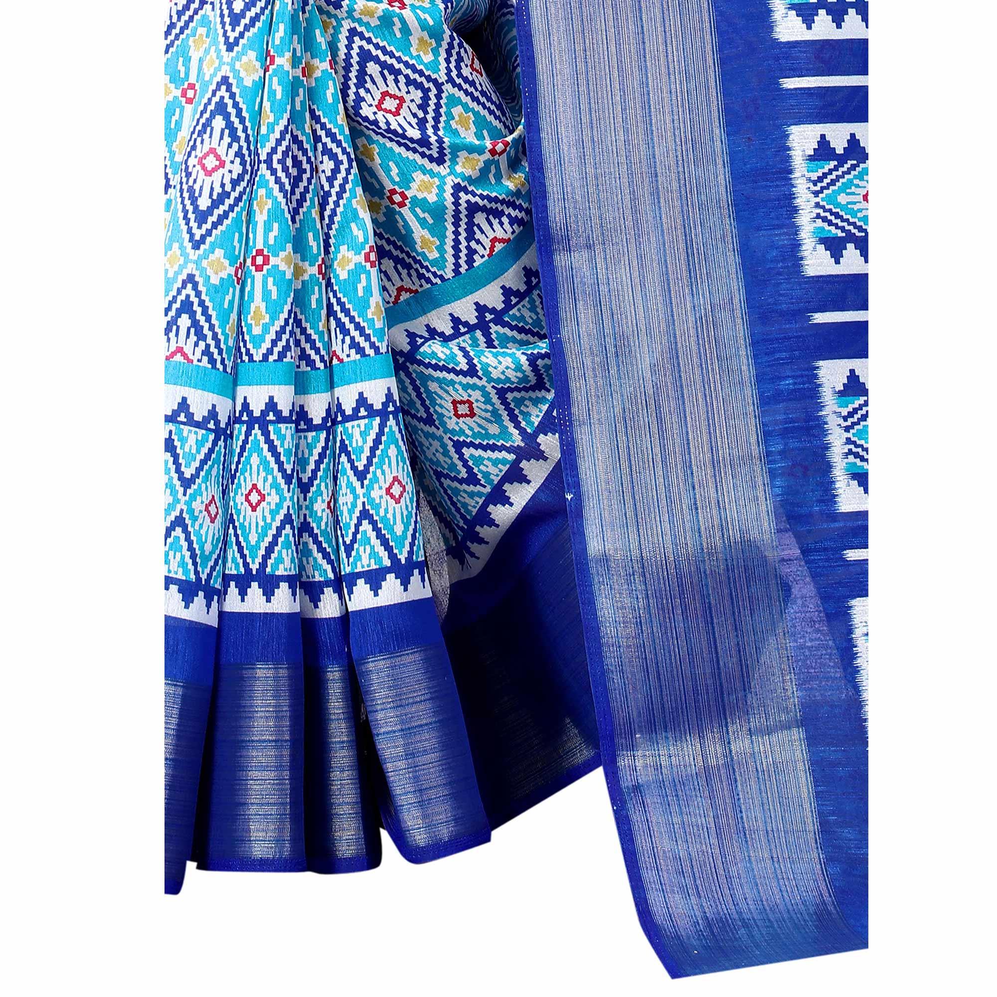Blue Casual Wear Designer Hand Block Printed Cotton Linen Saree - Peachmode